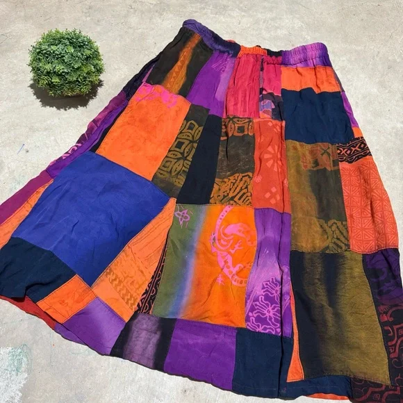 Vtg Patchwork‎ Modi Skirt Size M Hippie Boho Gypsy Modest Pull On Colorful Flare - Picture 3 of 5